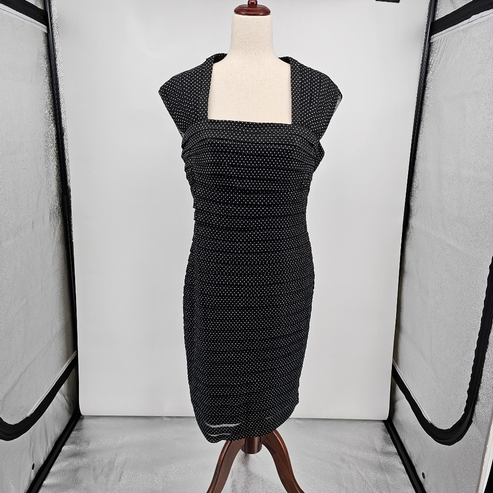 Adrianna Papell Black Cap Sleeve polka dot cocktail dress